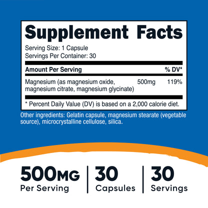 Nutricost Magnesium Complex – 500mg, 30 Capsules (Oxide, Citrate & Glycinate)