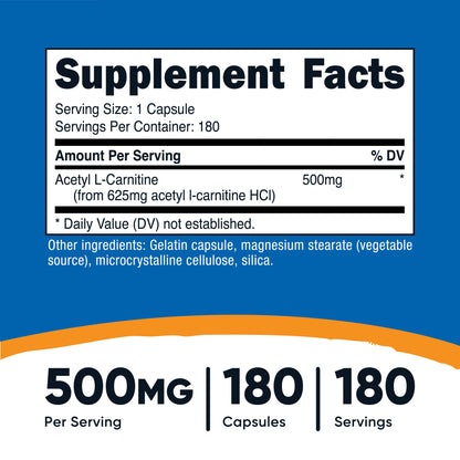 Nutricost Acetyl L-Carnitine 500mg – 180 Capsules (Non-GMO, Gluten Free)