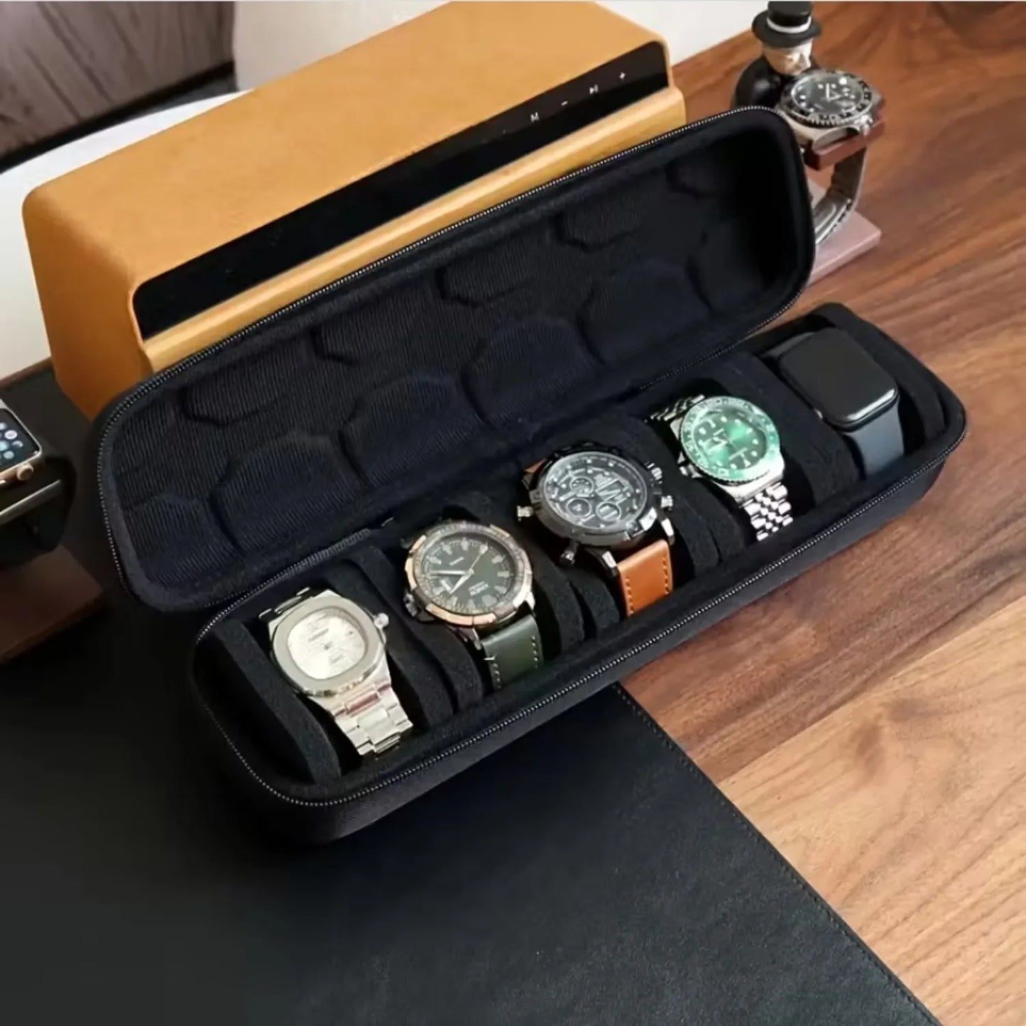 5-Slot Watch Case Hard Shell Travel Organizer with Pillow Insert – Smart Watch Storage