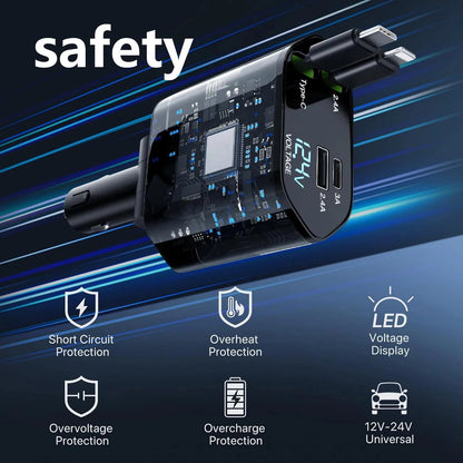 W&O 4-in-1 Car Charger 120W Fast Charging – Retractable Cable with Dual USB Ports (iOS & Type-C)