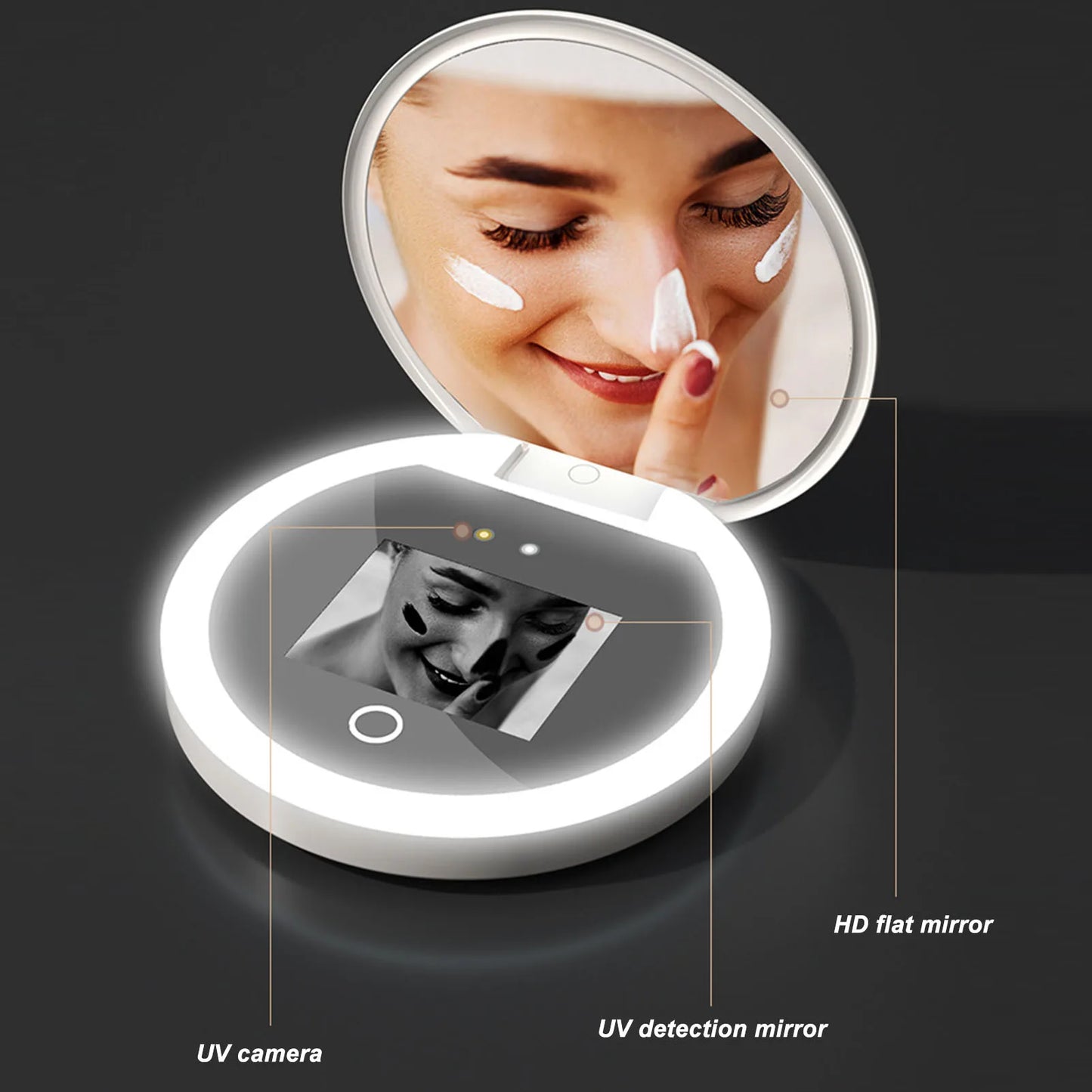 UV Mirror Sunscreen Testing Camera with Light – 2X Magnification Travel Makeup Mirror (3.5in Pocket Size)