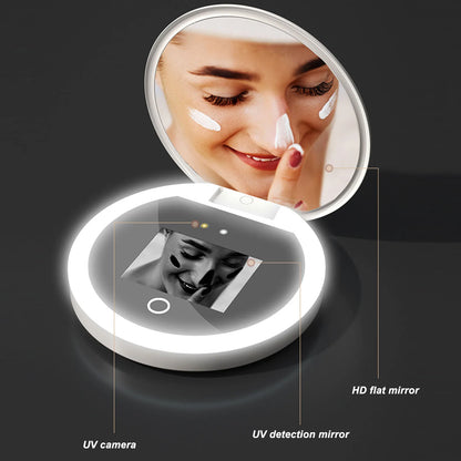 UV Mirror Sunscreen Testing Camera with Light – 2X Magnification Travel Makeup Mirror (3.5in Pocket Size)