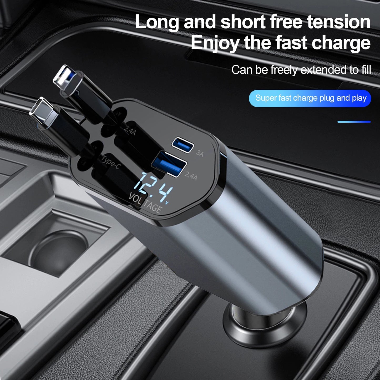 W&O 4-in-1 Car Charger 120W Fast Charging – Retractable Cable with Dual USB Ports (iOS & Type-C)