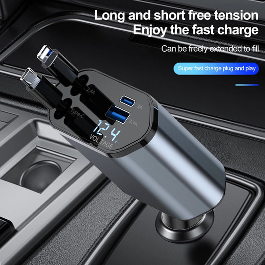 W&O 4-in-1 Car Charger 120W Fast Charging – Retractable Cable with Dual USB Ports (iOS & Type-C)