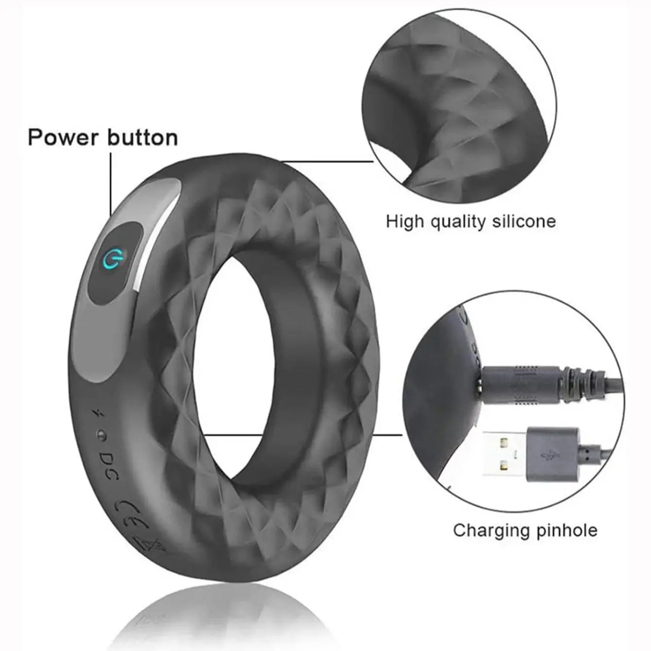 USB Rechargeable Silicone Cock Ring Vibrator Locks Toy