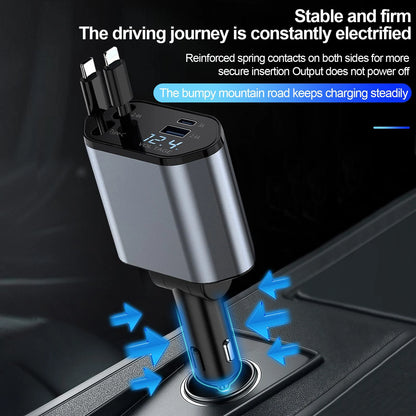 W&O 4-in-1 Car Charger 120W Fast Charging – Retractable Cable with Dual USB Ports (iOS & Type-C)