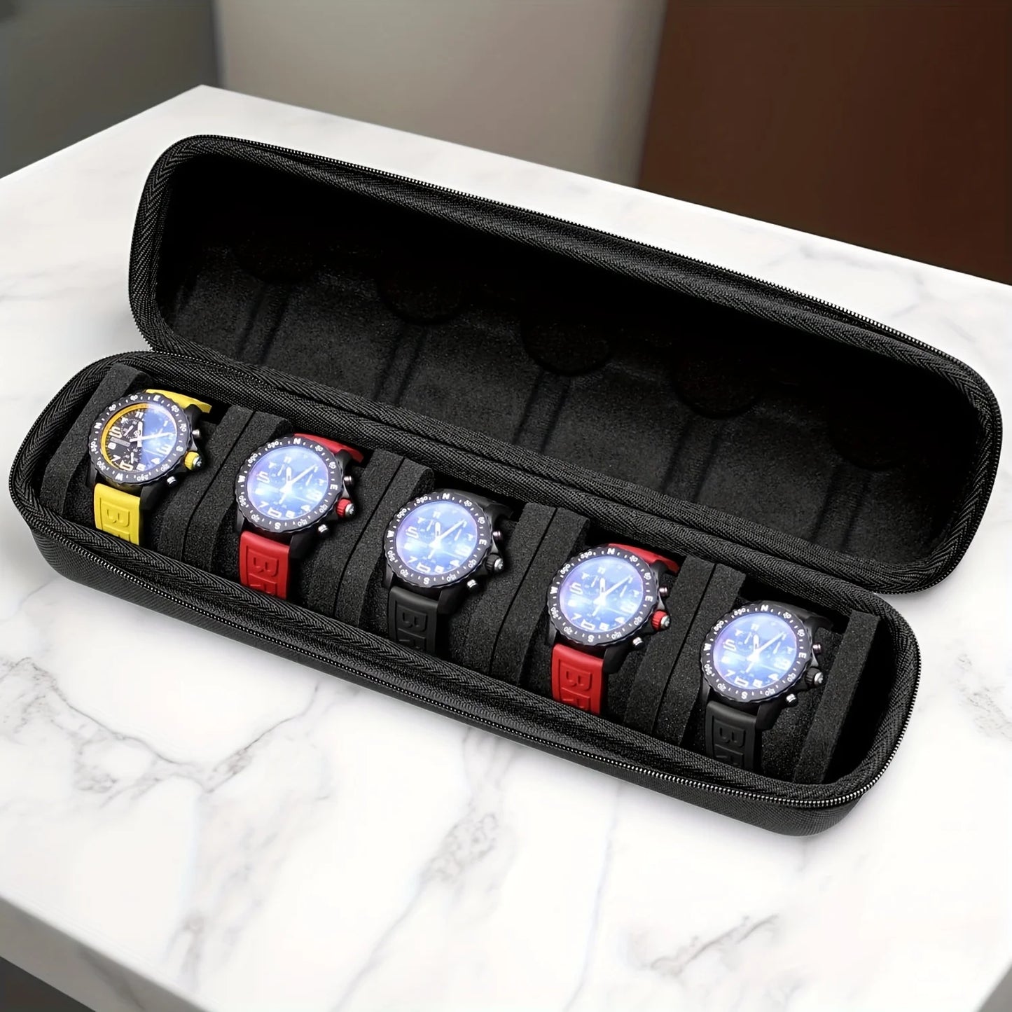 5-Slot Watch Case Hard Shell Travel Organizer with Pillow Insert – Smart Watch Storage
