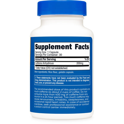 Nutricost Caffeine Capsules – 200mg per Serving, 30 Capsules